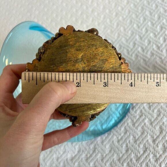 Vintage Hand Blown Blue Glass Bowl Tray Plate Centerpiece Metal Gold Base MCM - Picture 5 of 15